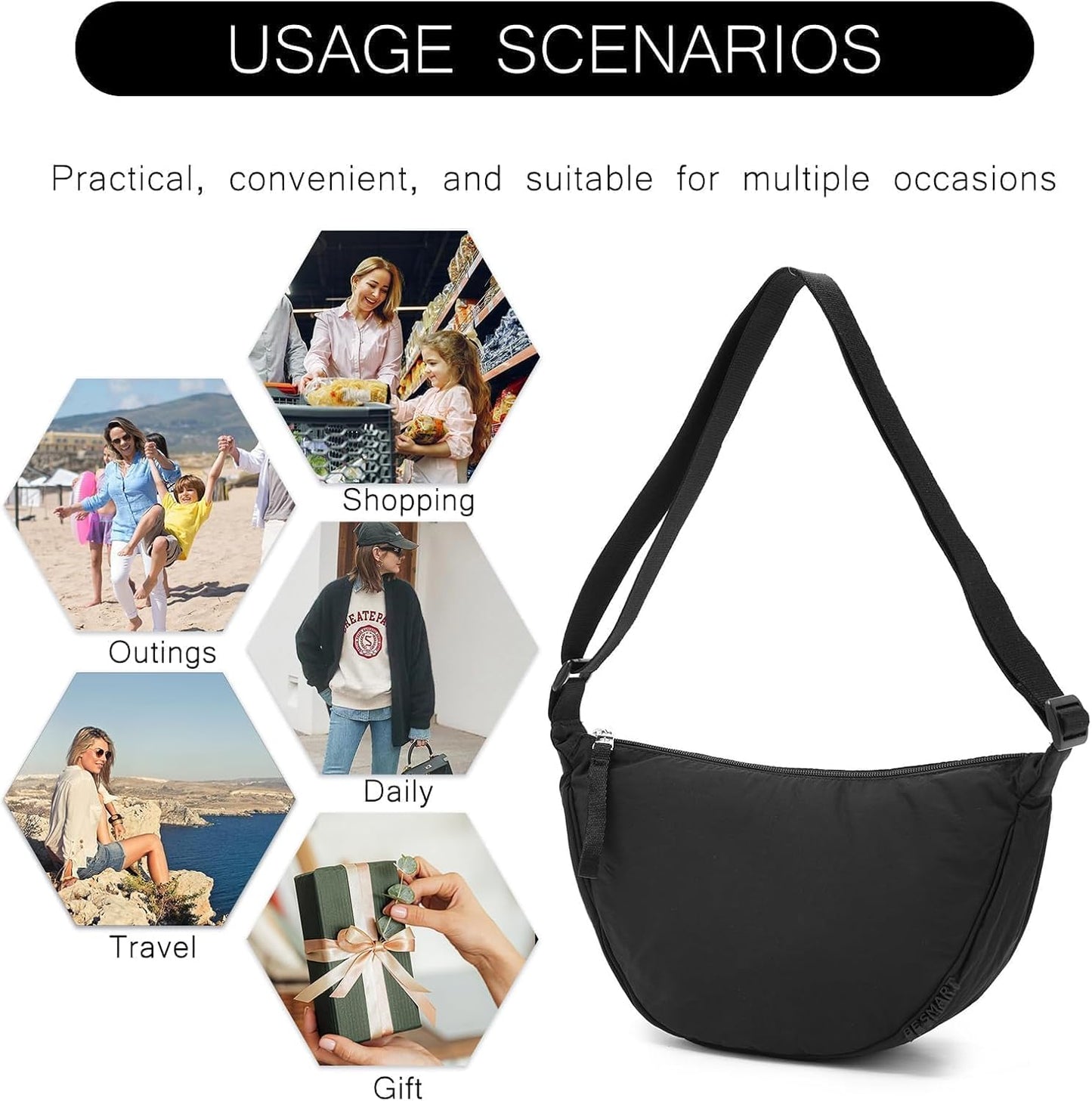 BESMART Small Nylon Crescent Crossbody Bag for Women Men Trendy, Waterproof Crescent Sling, Lightweight Travel Purses