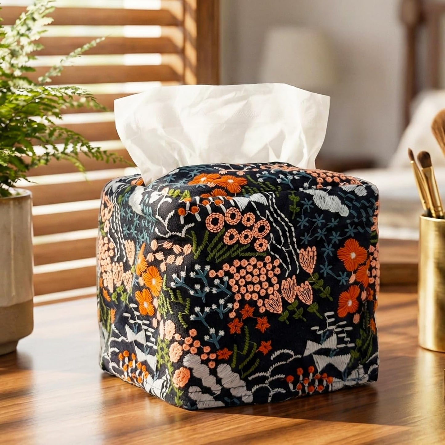 Hausfrau Tissue Box Cover Square, Floral Linen Tissue Box Holder Decorative Cute Cube Napkin Holder for Living Room, Bathroom, Bedroom or Office, Embroidered Jacquard Yellow Daisy
