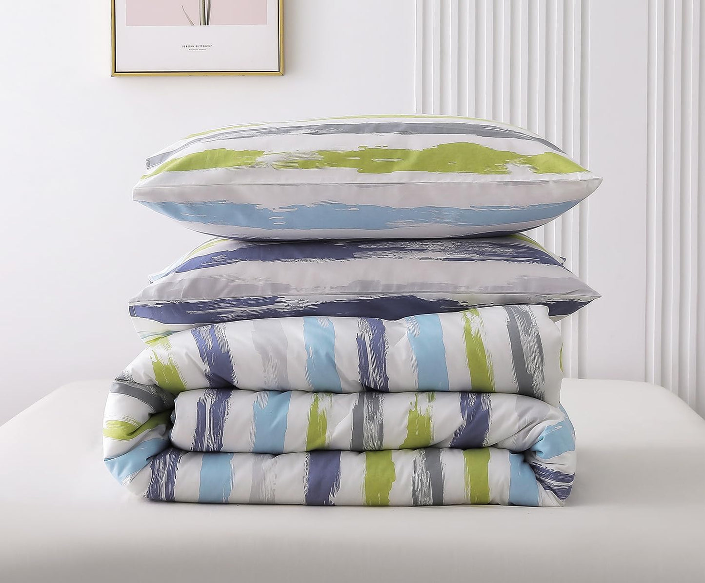 Comforter King Size, 600 Thread Count Cotton Grey Branch with Yellow Turquoise Polka Dot Pattern Green Reversible Comforter Set,Down Alternative Bedding Set 3Pcs(King, Grey Branch)