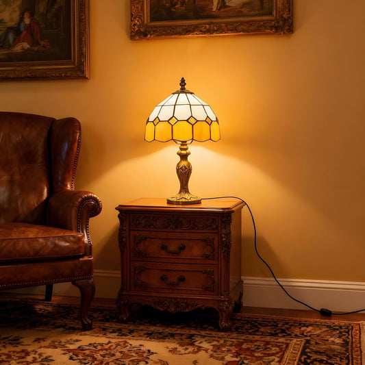Tiffany-Style 8 Inch Table Lamp Mediterranean Series Stained Glass Lampshades Small Bedside Lamp Reading Antique Desk Light Livingroom Bedroom Office Vintage Art Deco Victorian(Color:Yellow)