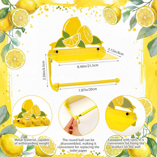 Yellow Lemon Toilet Roll Holder with Phone Shelf Metal Wall Mount Toilet Paper Holder Decorative Cute Storage Accessories Coquettish Home Decor for Bathroom