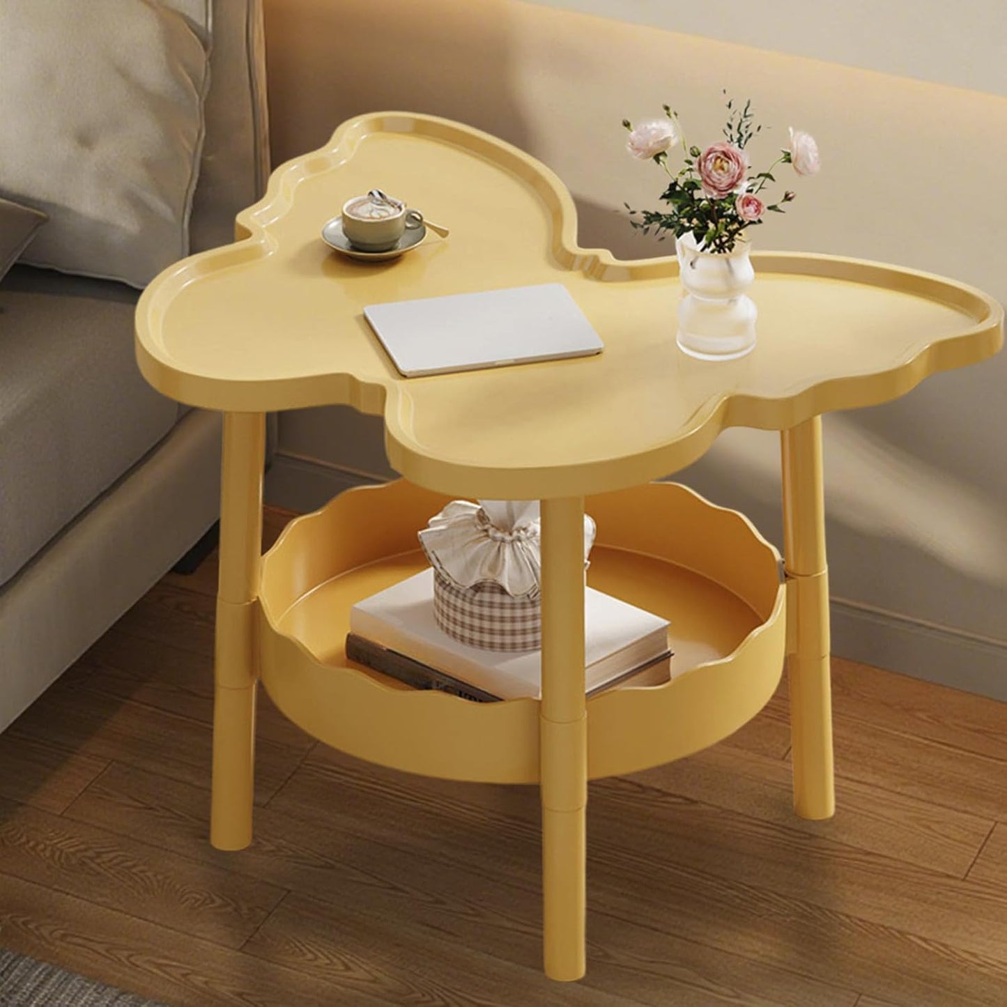 Bedroom Side Table, Curved End Table Small Night Stand with 2 Layer Storage Space for Bedroom, Living Room Small Space, Easy to Move and Install, Butterflies Shaped (Yellow)