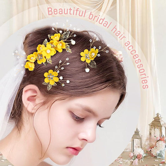 18 Pieces Bridal Wedding Party Prom Pearl Rhinestone Yellow Flower Hair Side Combs Slides+U-shaped Flower Hair Pins+Twist Spiral Hairpins Floral Headpieces for Brides Bridesmaids Women Girls