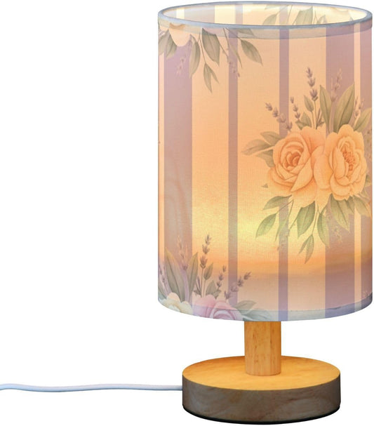 Yellow Flowers Bedside Table Lamp with USB Ports, LED Nightstand Desk Lamp with Flaxen Fabric Shade & Wood Base for Bedroom, Living Room,Office Dorm