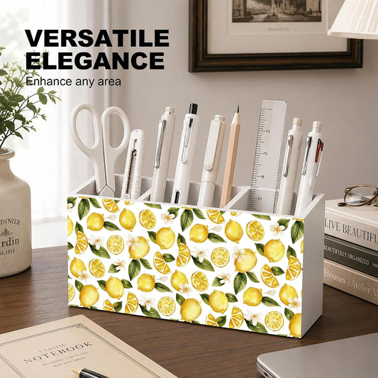 Watercolor Lemon Pencil Pen Holder, Lemon Gifts for Women, Summer Mediterranean Yellow Fruit Flower Wooden Pen Holder Desk Organizer for Home Office Tabletop Decor