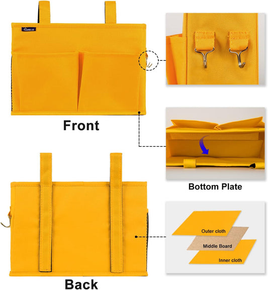 Bedside Caddy Hanging Bed Organizer Storage Bag Pocket for Bunk and Hospital Beds, College Dorm Rooms Baby Bed Rails, Camp 4 Pockets and 2 Hooks (Small, Yellow)