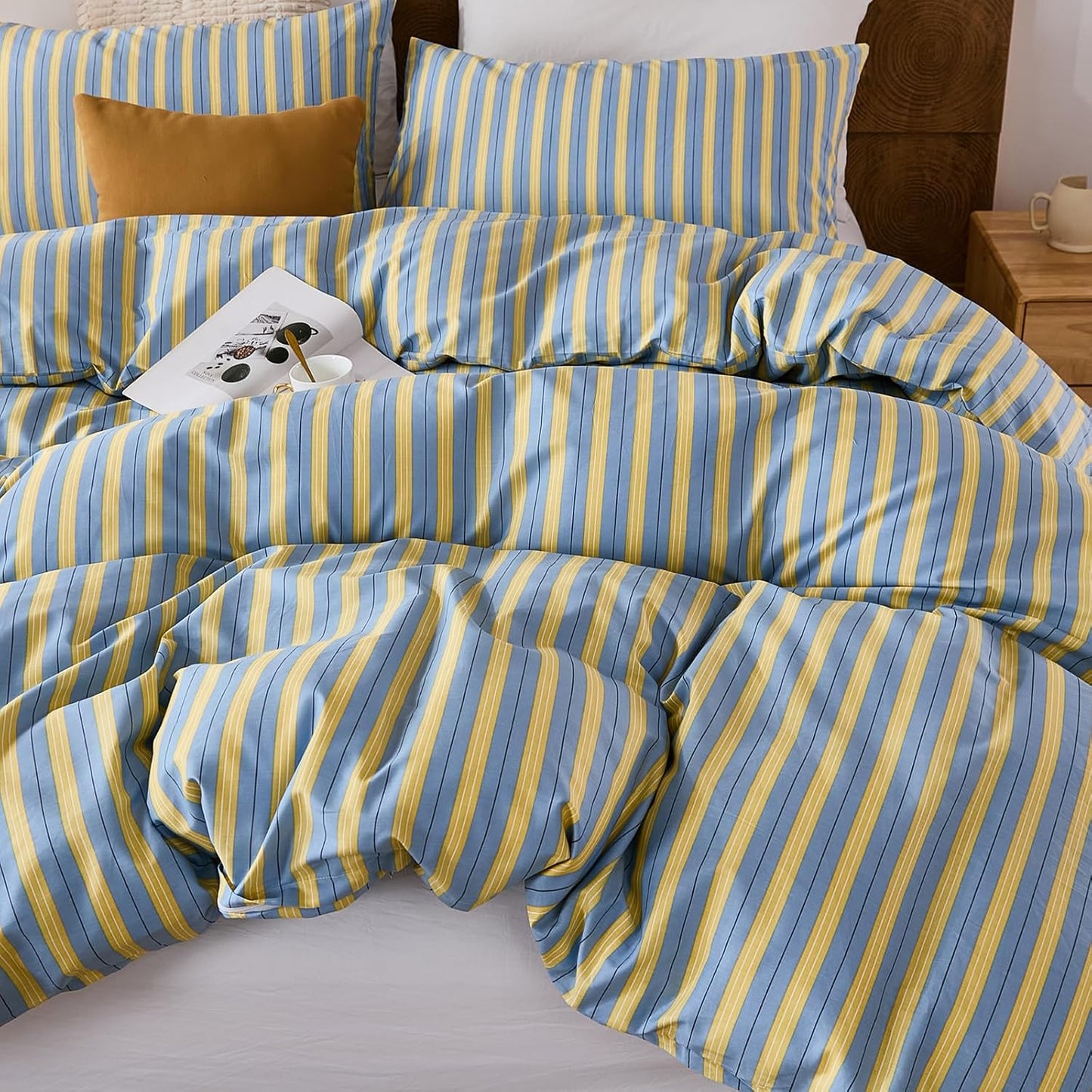 100% Cotton Duvet Cover Set Queen Size, Blue & Yellow Striped Bedding Set with Zipper Closure and 8 Corner Ties, Modern Coastal Style Comforter Cover Set 3 Pieces