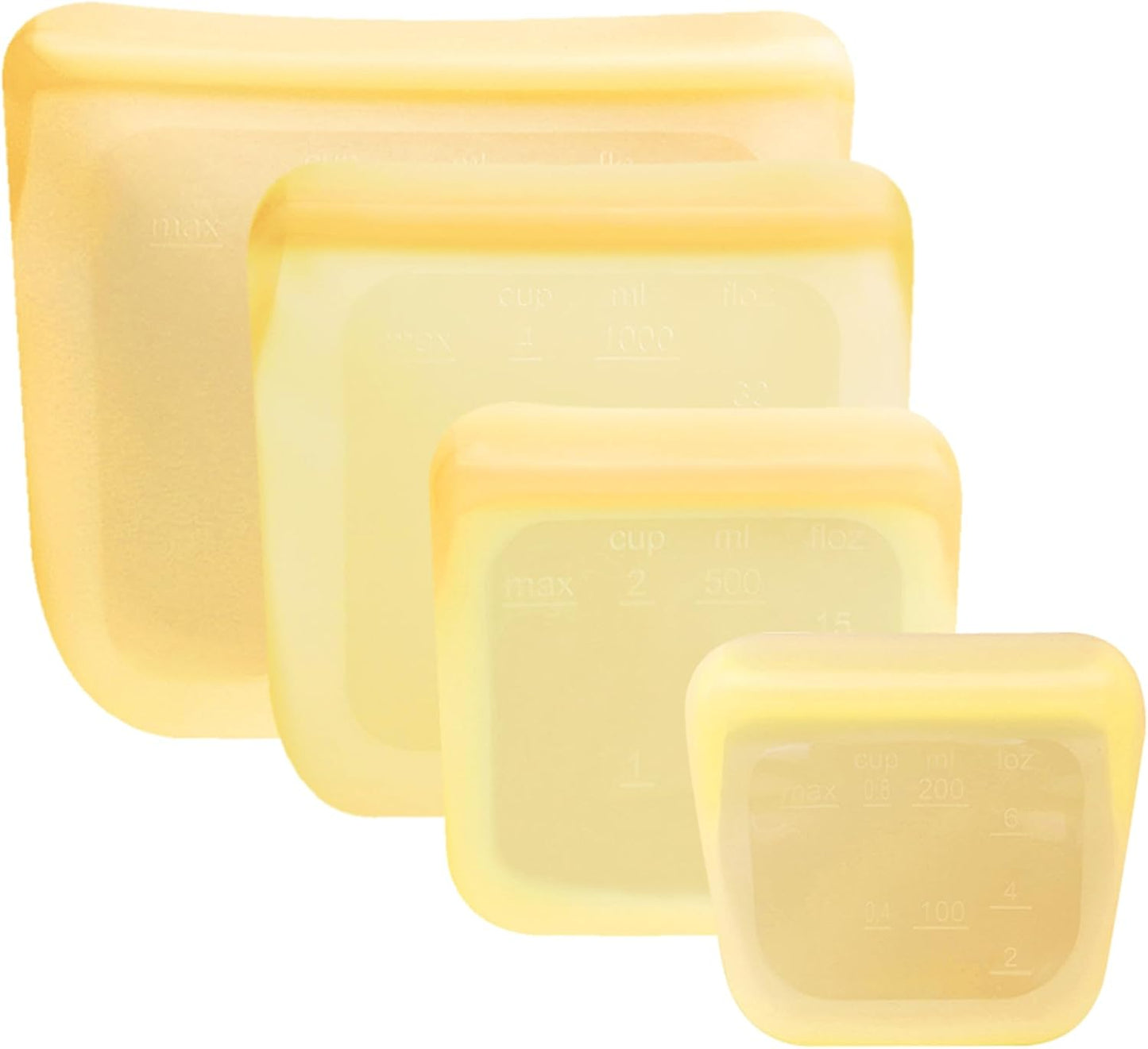 Set of 4 Reusable Silicone Storage Snack Bags 6oz / 16oz / 32oz / 64oz Self-Seal Food Storage Container for Fruits, Vegetables, Sandwiches, Dishwasher Safe & Leak-free (Pastel Yellow)