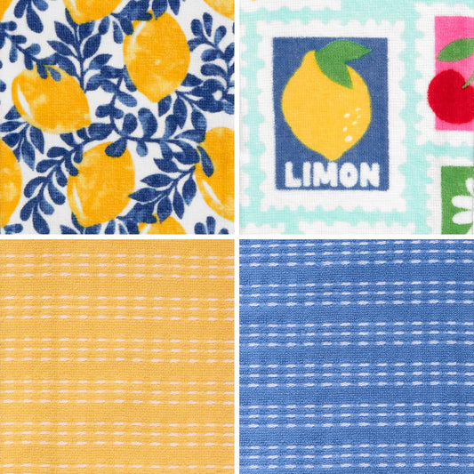 4-Piece Kitchen Towel Set, Citron Vine & Summer Fruit Stamp Prints with Yellow & Blue Textured Terry, 100% Cotton & Absorbent Blend, 16" x 26", Vintage Mediterranean Fruit Kitchen Decor
