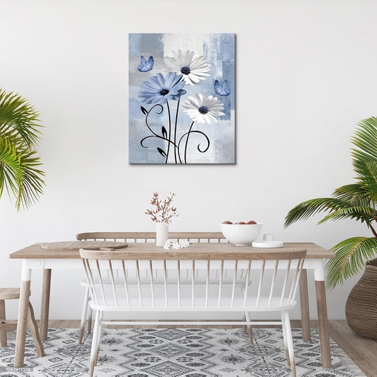 Blue and Yellow Floral Framed Canvas Wall Art, 16L X 12W inch | Rustic Wildflower Green Leaf Butterfly Flower Pictures Wall Decor Living Room Bedroom Bathroom Wall Art Ready to Hang