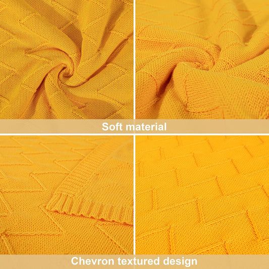 Rayon Cotton Cable Knitted Throw Blanket, 51x67 Breathable and Silky Soft Chevron Textured RPET Decorative Blanket for Couch, Sofa, Bed, Machine Washable, Golden Yellow