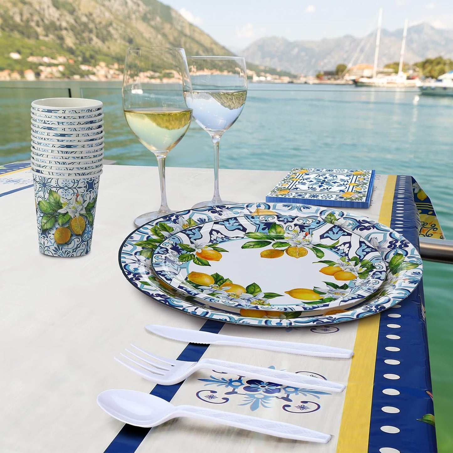 227 Pcs Amalfi Coast Lemon Party Supplies Capri Lemon Party Positano Tableware Decorations Summer Mediterranean Decorations Disposable Plates Napkin Forks for Birthday Baby Shower Serves 25