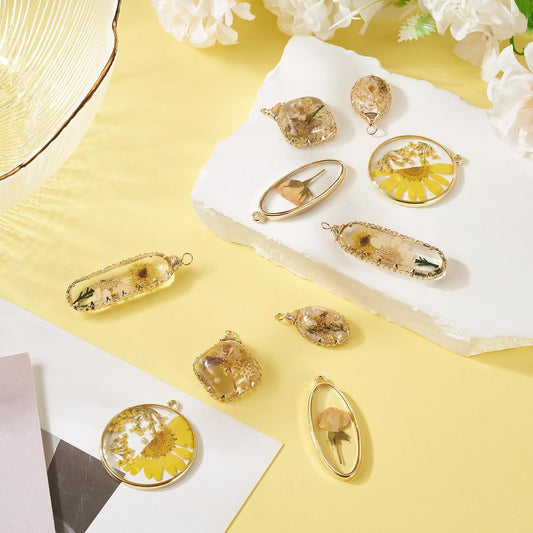 Elecrelive 10Pcs Resin Dried Flower Pendants Yellow Pressed Flower Charms Epoxy Resin Pendants for Necklace Floral Keychain Mothers Day Jewelry