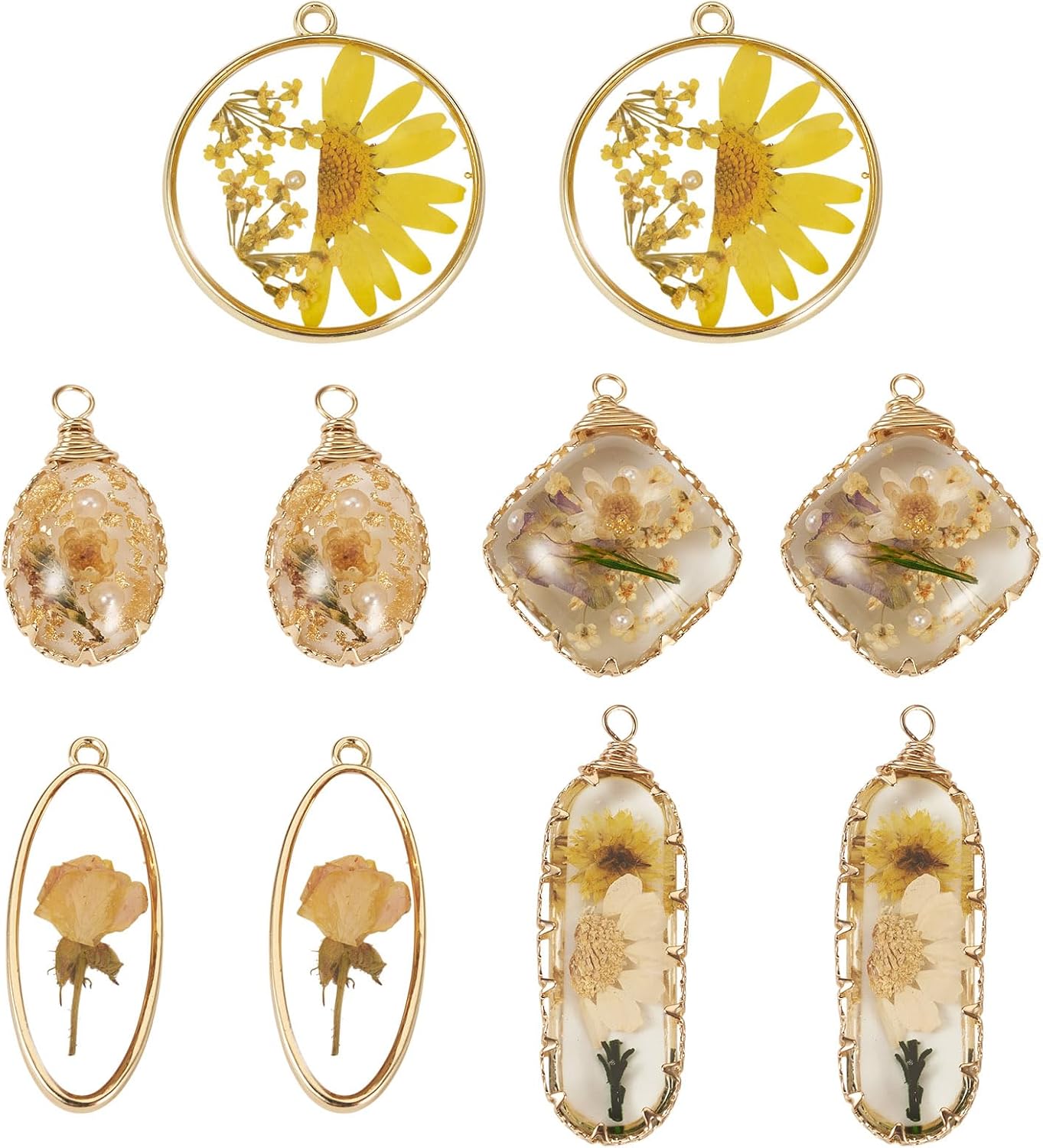 Elecrelive 10Pcs Resin Dried Flower Pendants Yellow Pressed Flower Charms Epoxy Resin Pendants for Necklace Floral Keychain Mothers Day Jewelry