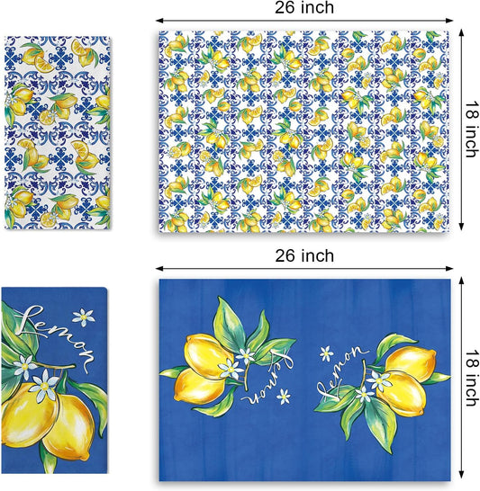 Spring Summer Blue Lemon Italy Tile Pattern Kitchen Dish Towels Set of 2, Amalfi Coast Capri Citrus Drying Hand Towel Baking Cooking Cloth, Mediterranean Bathroom Home Decoration 18'' x 26''