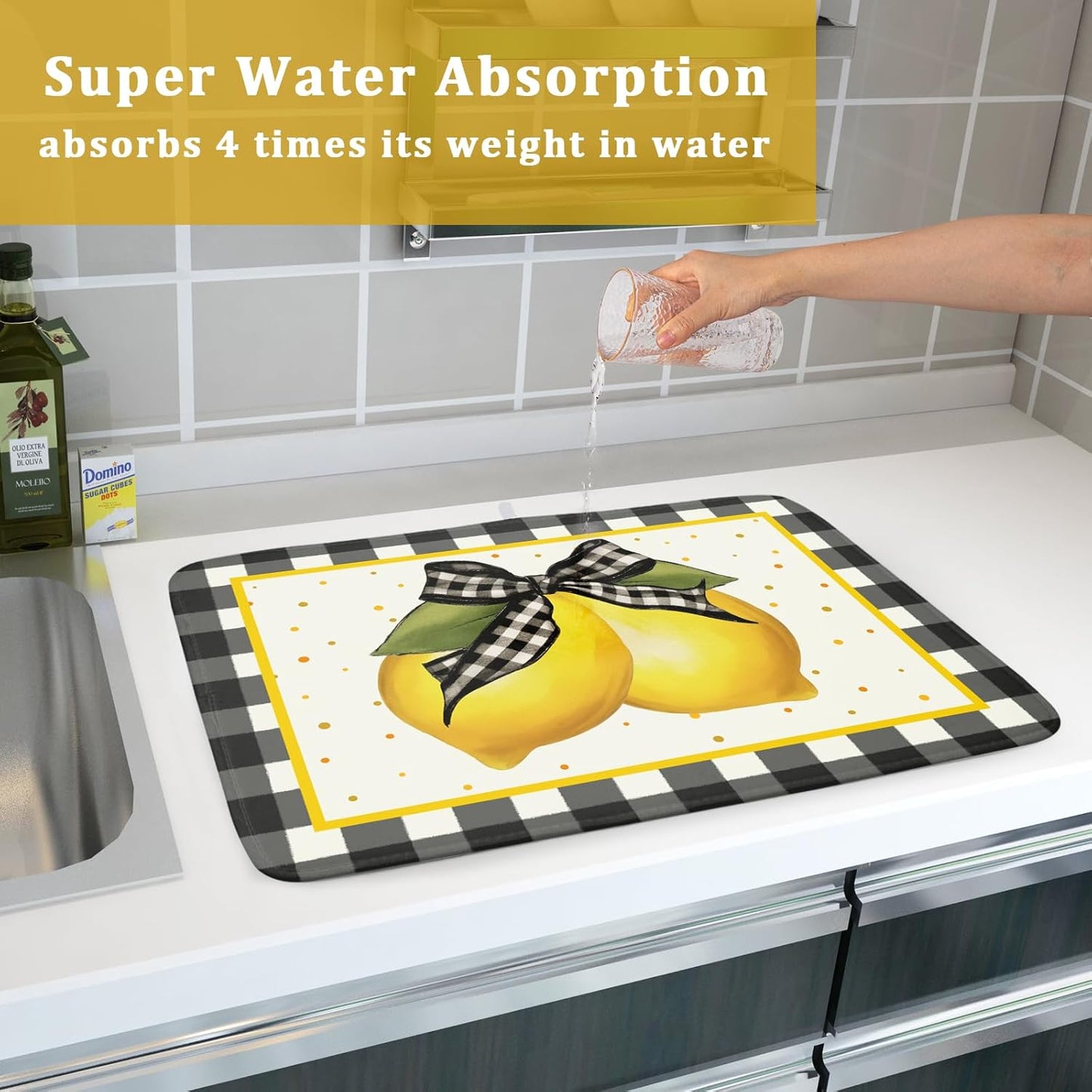 Lemon Dish Drying Mat for Kitchen Counter Spring Summer Black White buffalo Check Plaid Seasonal Absorbent Reversible Microfiber Kitchen Countertop Protector Dishes Pad Large 18x24 inch