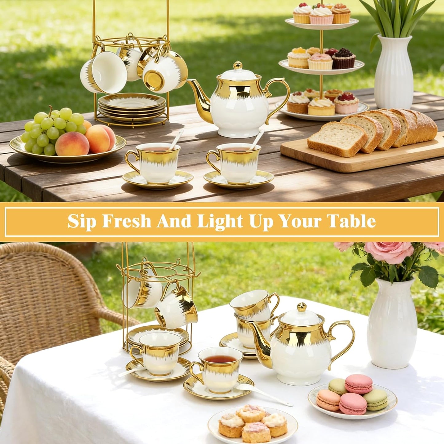 Porcelain Tea Set, Large Ceramic Tea Set for Adults with Metal Holder, 20 Pcs European Tea Cup Set, Luxury Adult Tea Sets Gift, Gold Trim Tea Cup Saucer Sets for Party Deco,1000ML (Gold Trim)