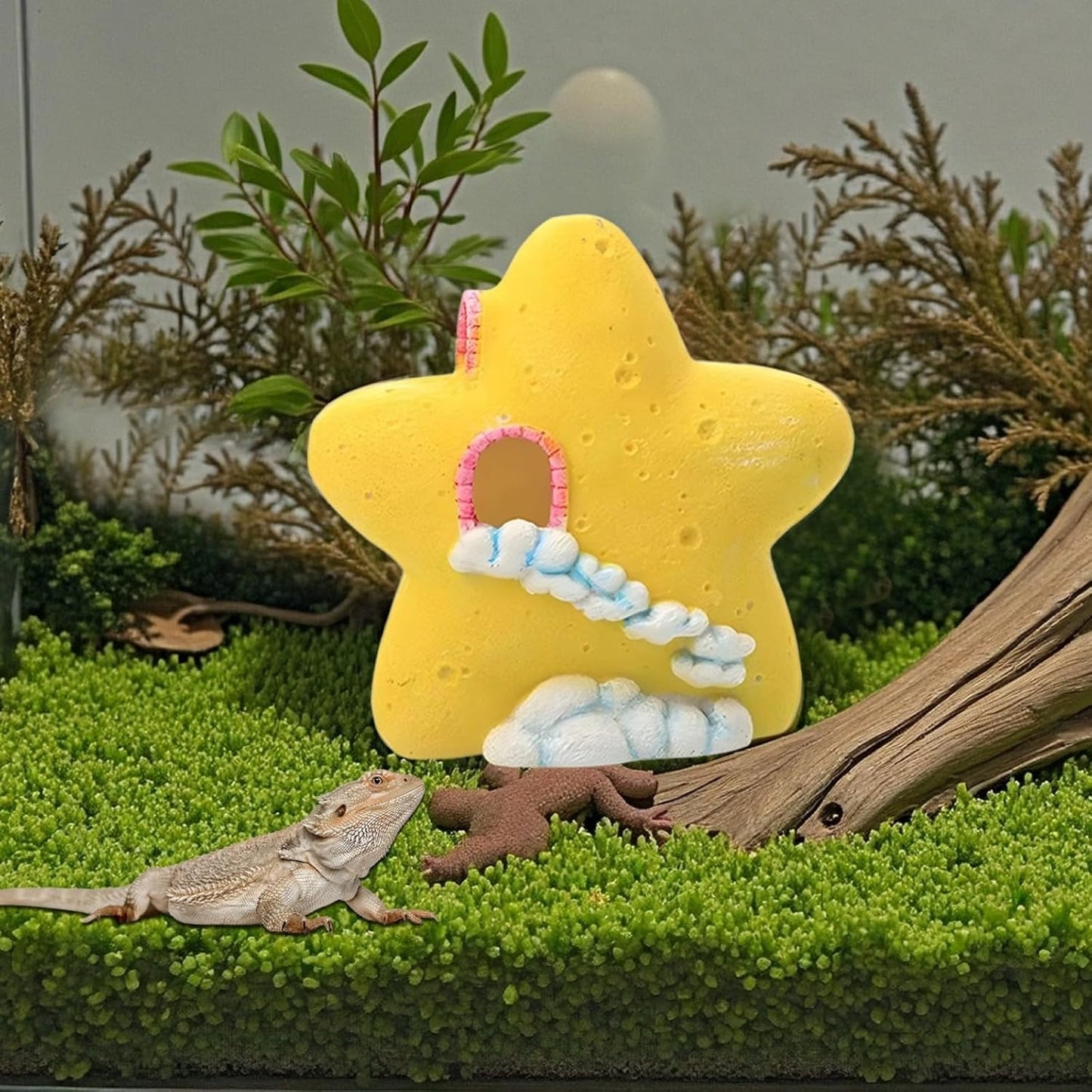 Star-Shaped Reptile Hideout for Turtle Basking Platform, Yellow Resin Lizard Cave, Adorable Terrarium Decoration, Lightweight 6.6 oz / 187 g, Multi-Purpose Small Pet Decorative Shelter