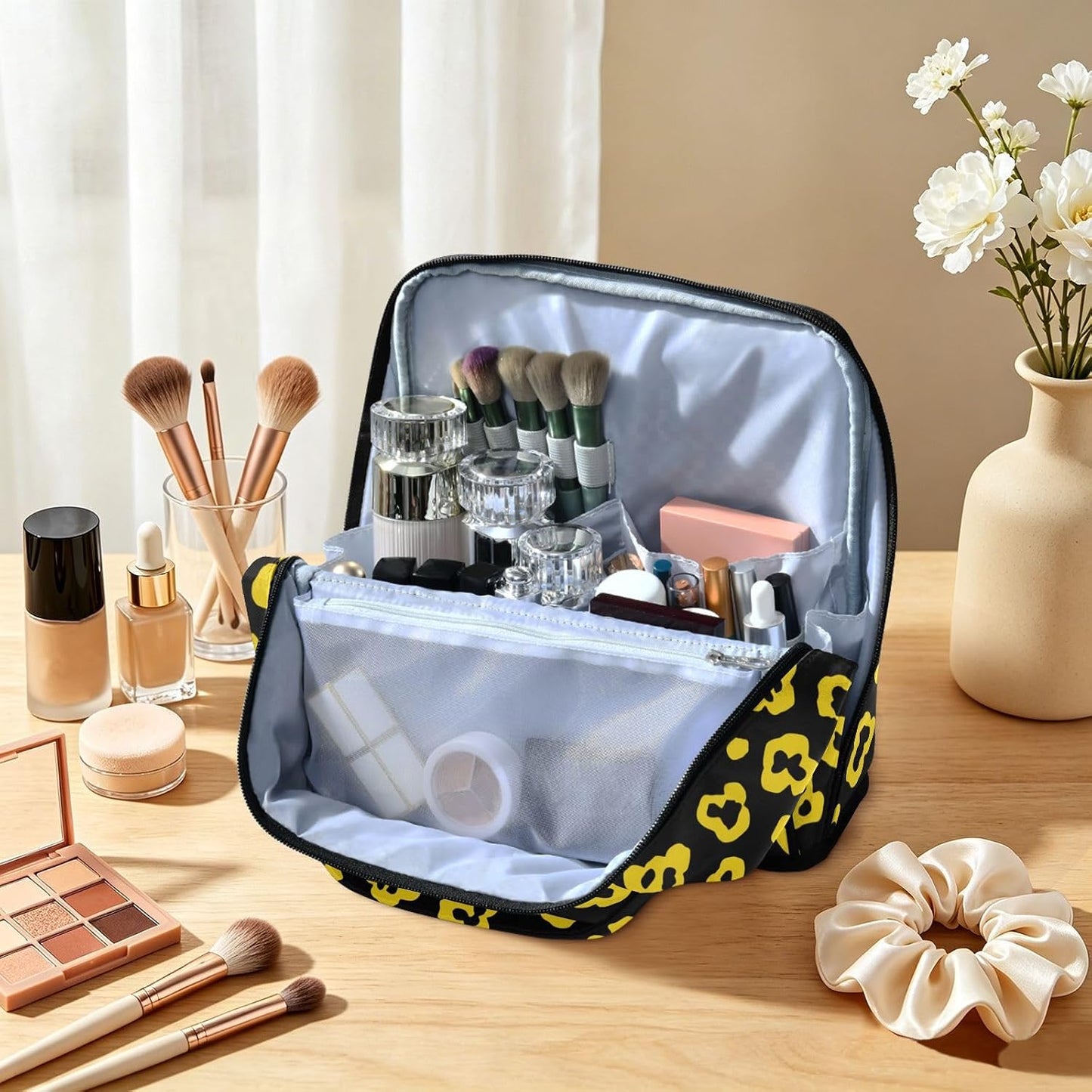 Designed Cosmetic Bag Leopard Pattern Bright Yellow Black | with dividers ,Waterproof Large Make Up Bag,Phone/Mirror Holder