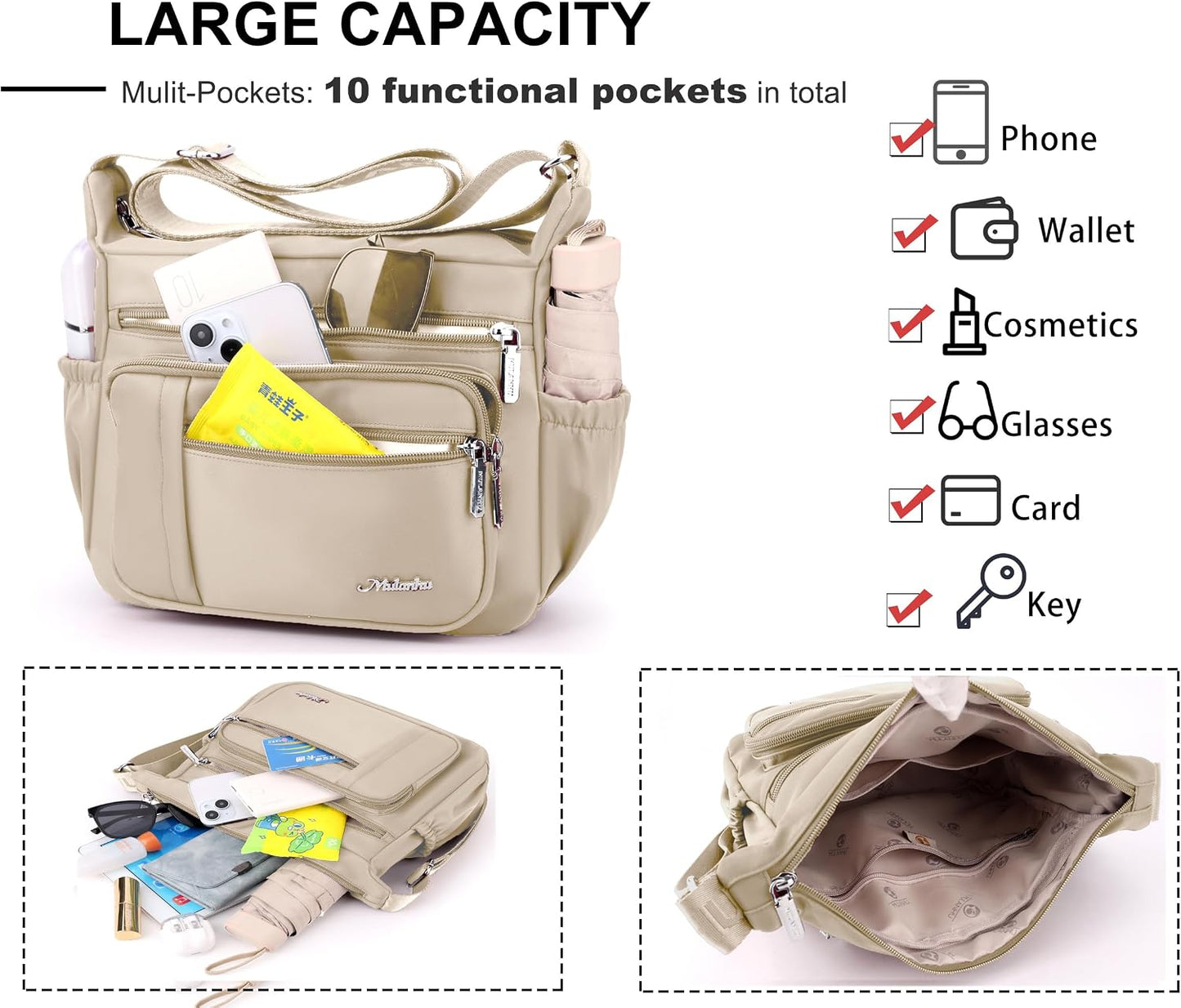Womens CrossbodyBags Nylon Waterproof Handbags Shoulder Purses Roomy Multiple Pockets Pocketbooks
