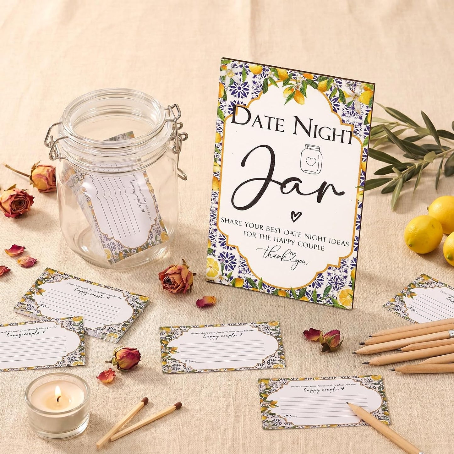 114 Pcs Bridal Shower Games Include Date Night Jar Wooden Sign 100 Cards 10 HB Pencils 2 Stickers for Fresh off The Market Wedding Reception Games Date Idea Party Favor Decoration (Lemon)