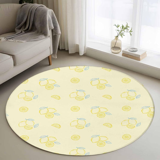 Cartoon Lemons Round Area Rugs 3 ft, Summer Fruit Leaf Pastoral Plant Light Yellow Washable Small Area Rug with Non-Slip Sturdy Edge Binding Round Front Door Mat Floor Carpet for Entryway