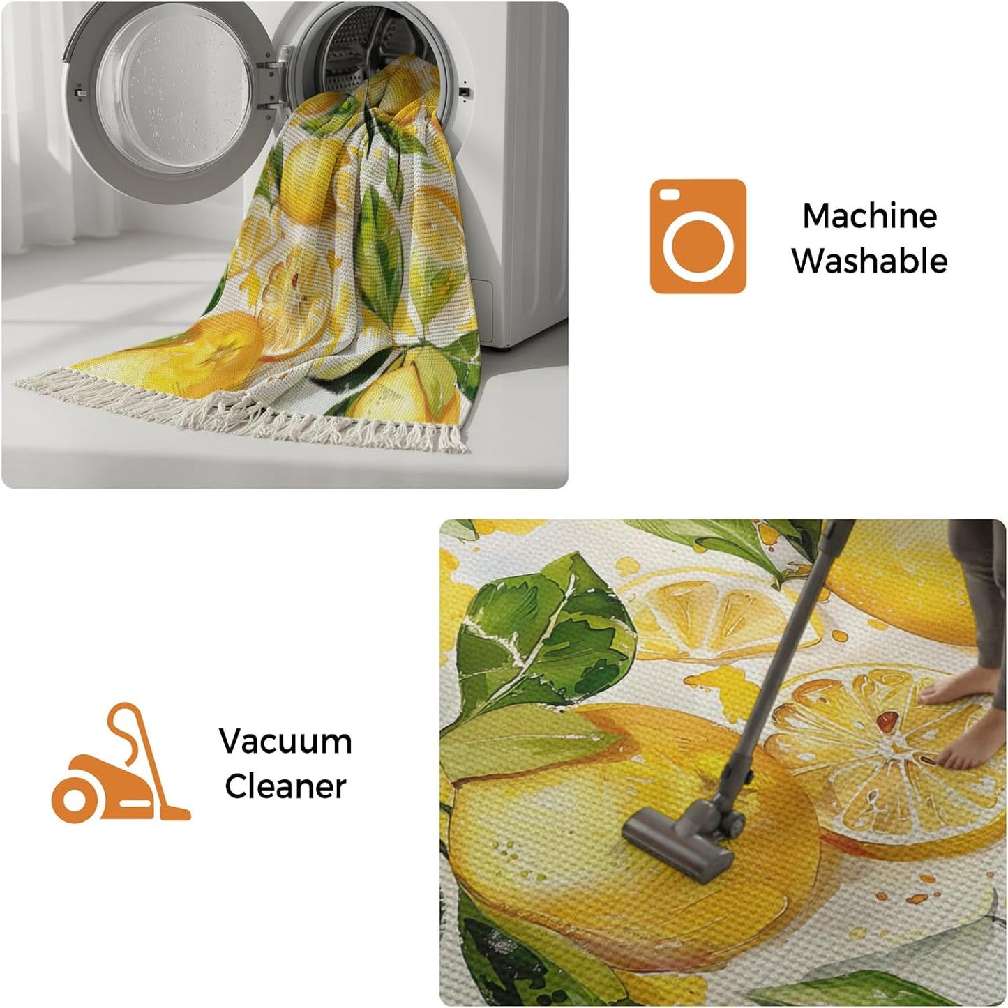 Watercolor Lemon Green Leaves Seamless Kitchen Runner Rug 2x6ft Boho Tassel Rugs Floor Carpet, Farm Fruit Area Rug for Hallway Bedroom Bathroom Living Room Dining