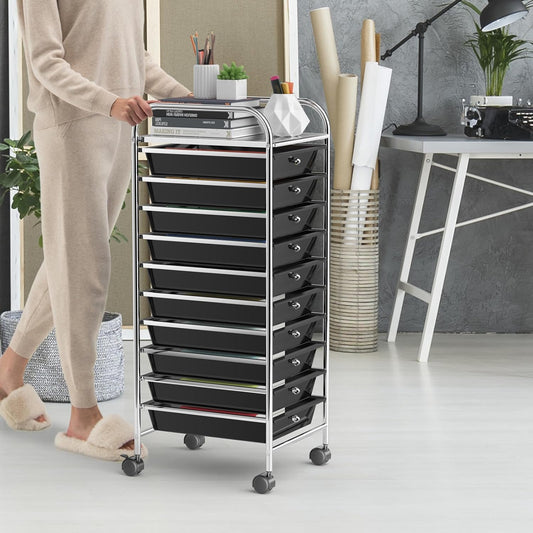 Storage Cart, Rolling Utility Cart with 10 Drawers, Portable Handles & Lockable Wheels, Mobile Paper Toys Storage Organizer Large Capacity for Home Office School Teacher (Yellow)