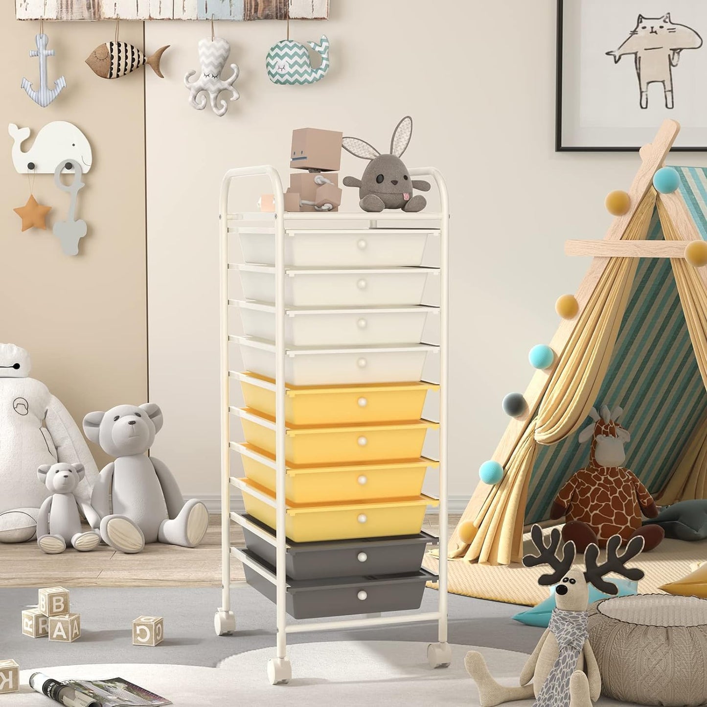 Storage Cart, Rolling Utility Cart with 10 Drawers, Portable Handles & Lockable Wheels, Mobile Paper Toys Storage Organizer Large Capacity for Home Office School Teacher (Yellow)