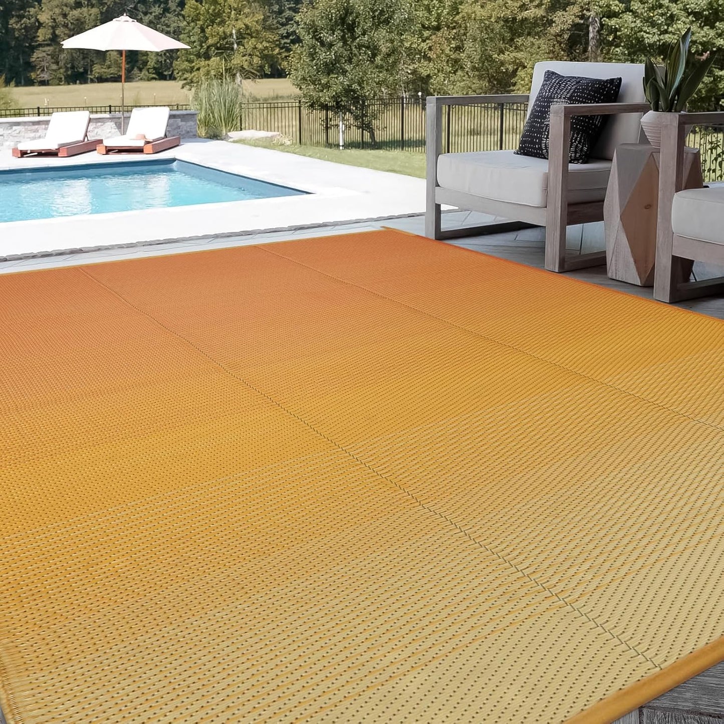 Waterproof RV Outdoor Rugs for Camping 8x10,Reversible Plastic Straw Rug Patio Rv Mats for Outside Under Awning,Portable Lightweight Carpet for Porch Backyard,Orange-Yellow 8x10