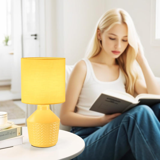 Vane Yellow Small Table Lamp for Living Room as Bedside Table Lamp for Bedroom,Modern Ceramic Kids Night Table Lamp,Φ6.89×H13.58IN,Bulb Excluded