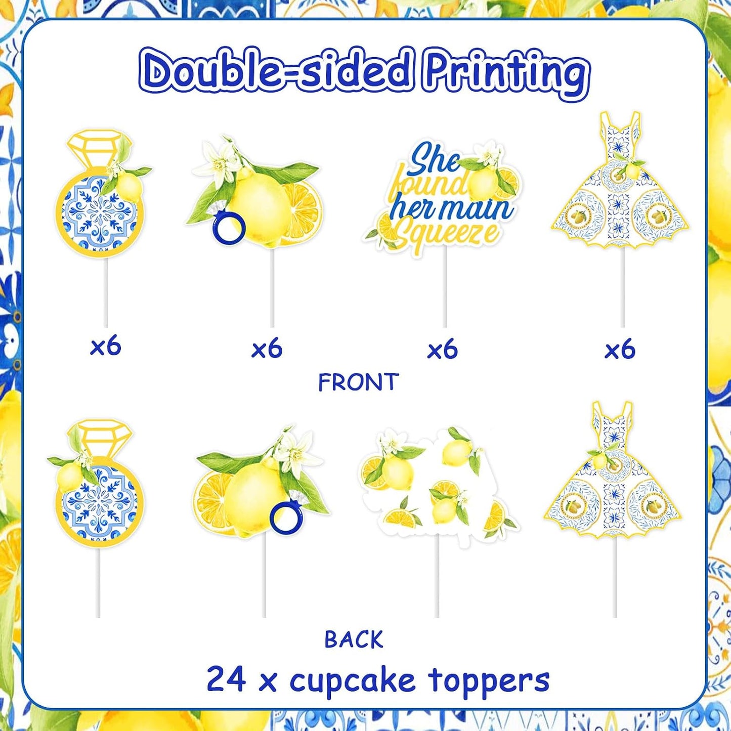 24Pcs Lemon Cupcake Topper Bridal Shower, She Found Her Main Squeeze Cake Topper Double-sided Printing for Lemon Fruit Engagement Bridal Shower Bachelorette Wedding Party