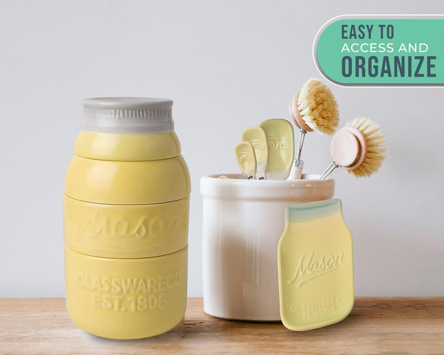 Yellow Mason Jar Measuring Set – 4 Cups, 4 Spoons, Spoon Rest | Yellow; ceramic; 9-piece set; 4 measuring cups + 4 measuring spoons + spoon rest; mason jar design; hand wash only