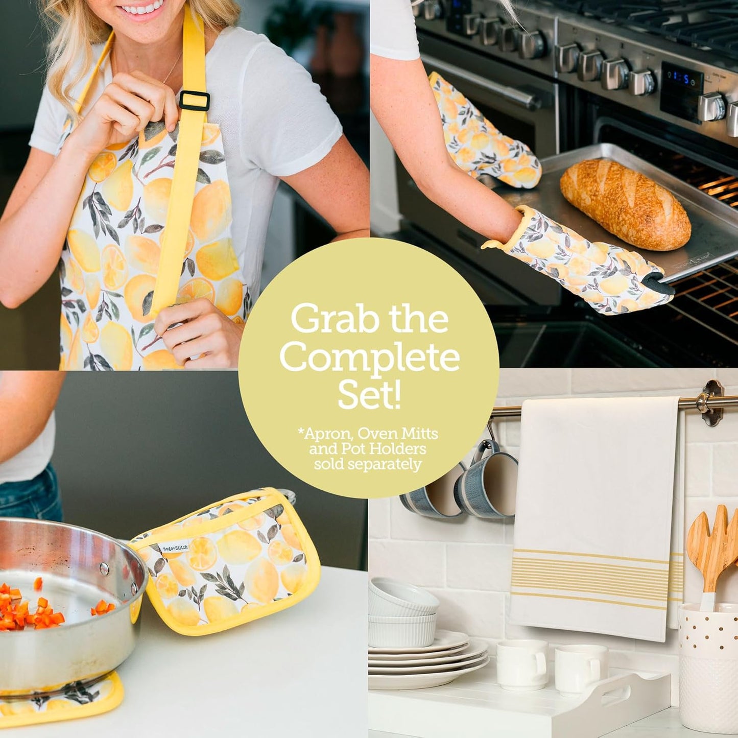 Heat Resistant Designer Pot Holders with Hand Pockets and Hanging Loops | Set of 2 100% Cotton Dual Function Kitchen Pot Holders | 7'' x 9'' | Yellow Lemons