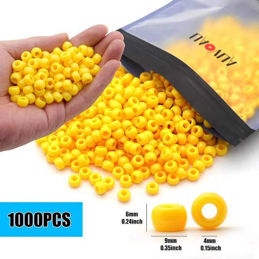 1000Pcs Pony Beads Bracelet 9mm Yellow Plastic Barrel Pony Beads for Necklace,Hair Beads for Braids,Key Chain,Jewelry Making (Yellow)