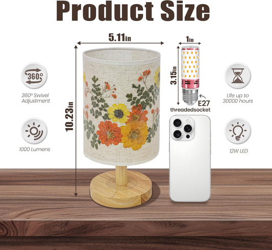 Artisan Crafted Floral Pressed Nightstand Lamp - Handmade Vintage Table Light with Adjustable Warm Glow for Bedroom, Office, or Living Room Decor (Yellow)