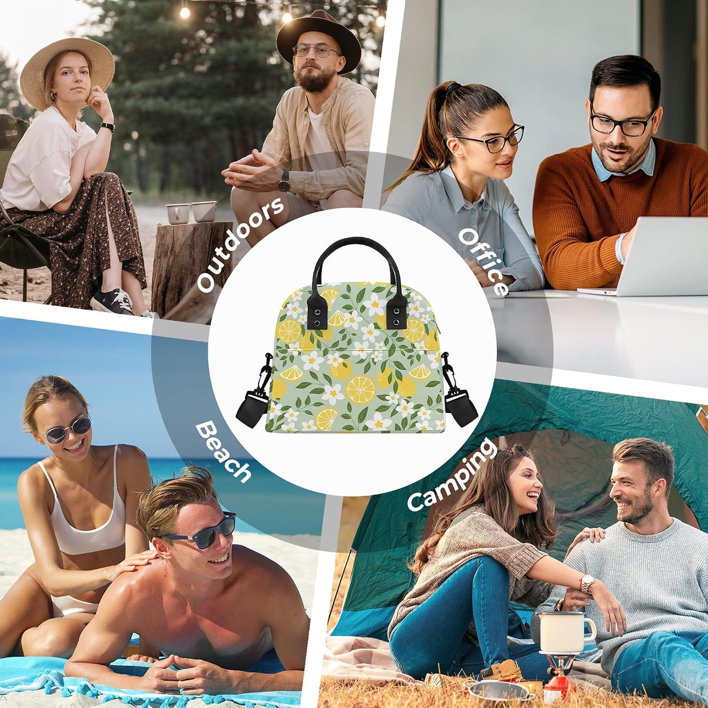Summer Women Lunch Box Bag Leaf Large Camping Adult Lunch Tote Insulated Cooler Bag for Office Work Picnic,Lemon Flower