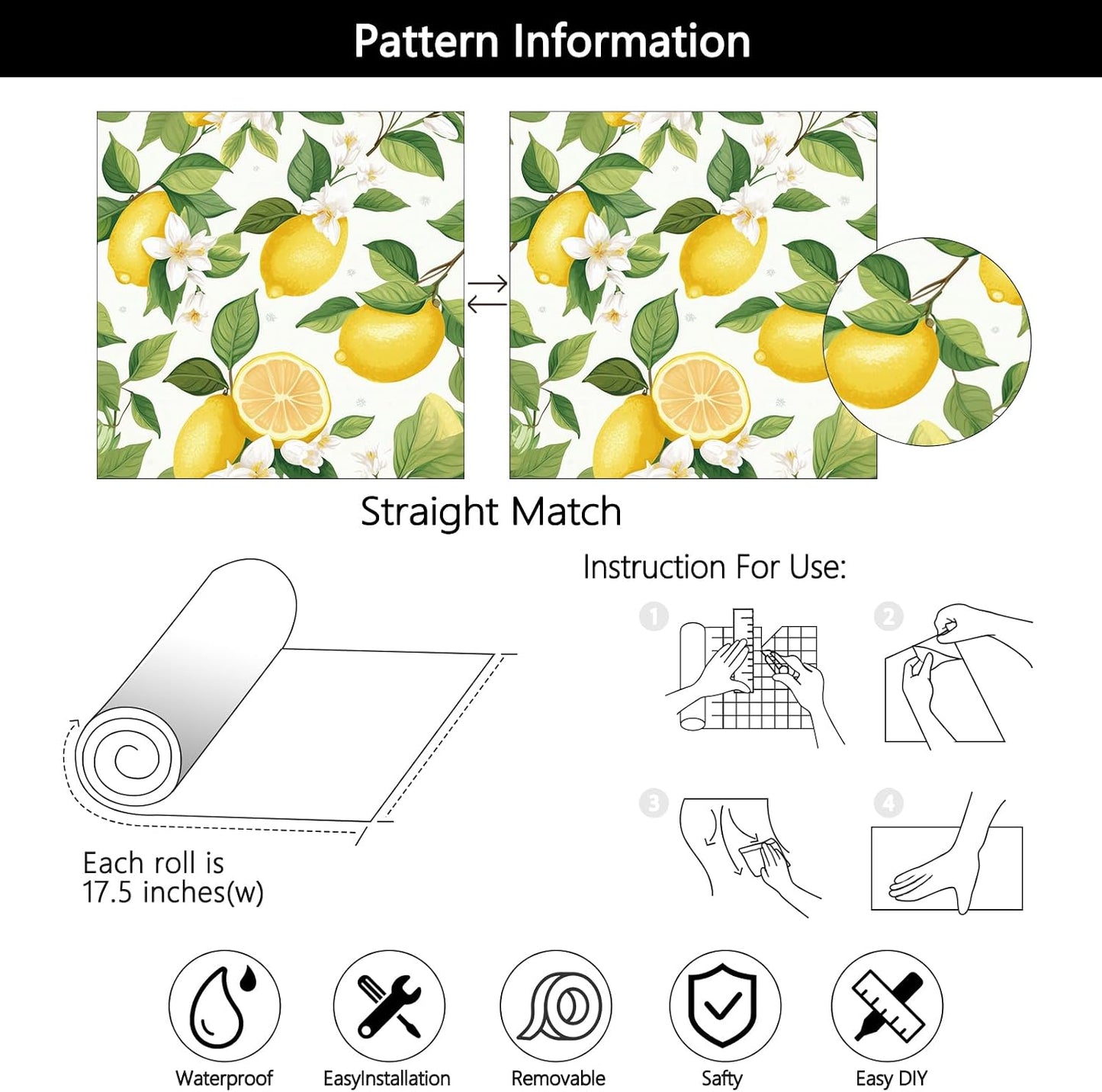 Modern Farmhouse Peel and Stick Wallpaper Yellow Lemon Floral Wallpaper 17.5"X10ft Self Adhesive Removable Green Botanical Fruit Contact Paper Vinyl Wall Mural for Bedroom Living Room Cabinets