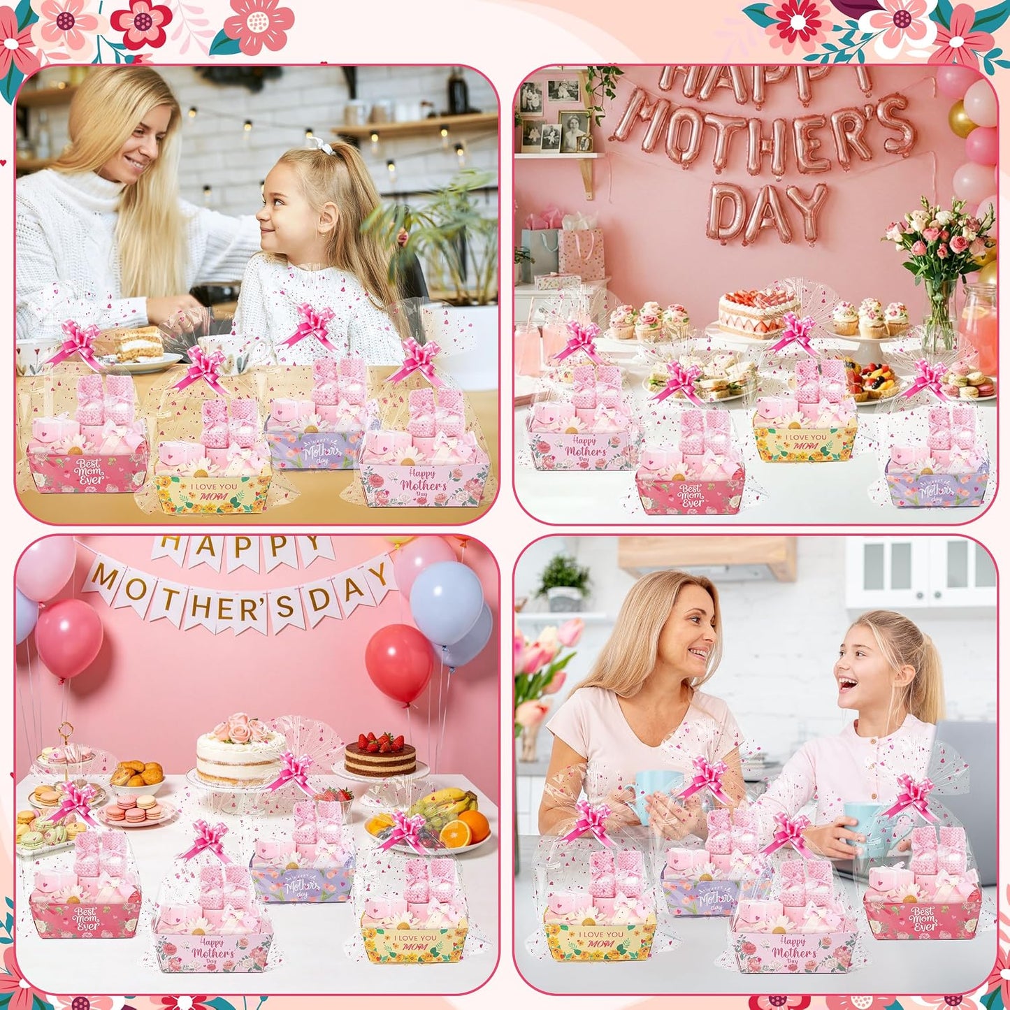 Mother's Day Empty Gift Baskets Kit- 24 Sets Happy Mother's Day Basket for Gifts Empty with Pink Heart Cellophane Bags and Ribbons Bows for Women Festivals Holiday Business Birthday Party Decor