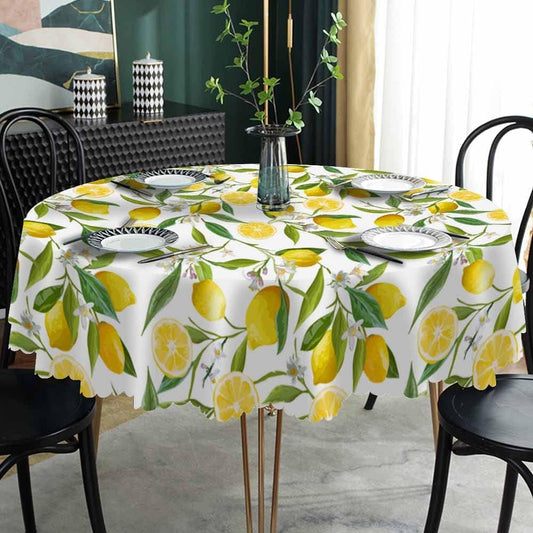 Yellow Lemon Tablecloth Round Table Cloth Fruit Tree Branches Leaves Flowers Bloom Bright Summer Polyester Tablecloths 60 Inch for Dining Room, Party, Banquet