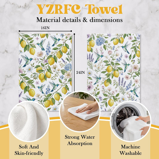 Lemon Hummingbird Decor Kitchen Towels 16x24 Inch, Lemon Gifts for Women, Farmhouse Floral Botanical Summer Hand Tea Dish Towels for Kitchen Bathroom, Set of 2