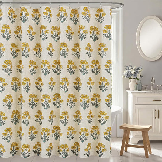 Vintage Floral Shower Curtain- Yellow Floral With Blue Leaf Block Print, 72x72 Inch Linen Blend Bathroom Curtain with 12 Metal Hooks, Country Botanical Bath Curtain for Cottage Core Bathrooms.