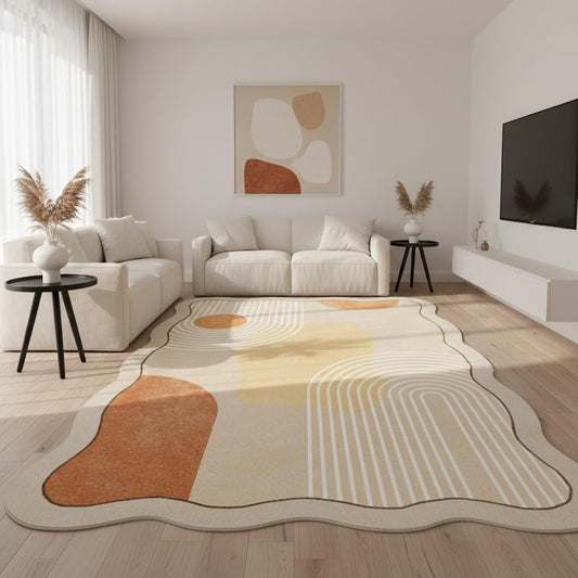 5x7 Unique Minimalist Geometric Cream Style Beige Orange Yellow Irregular Shaped Rug for Living Room Bedroom Diningroom Soft Wool Foldable Quick Dry Carpet Under Table Office Aesthetic Floor Rug