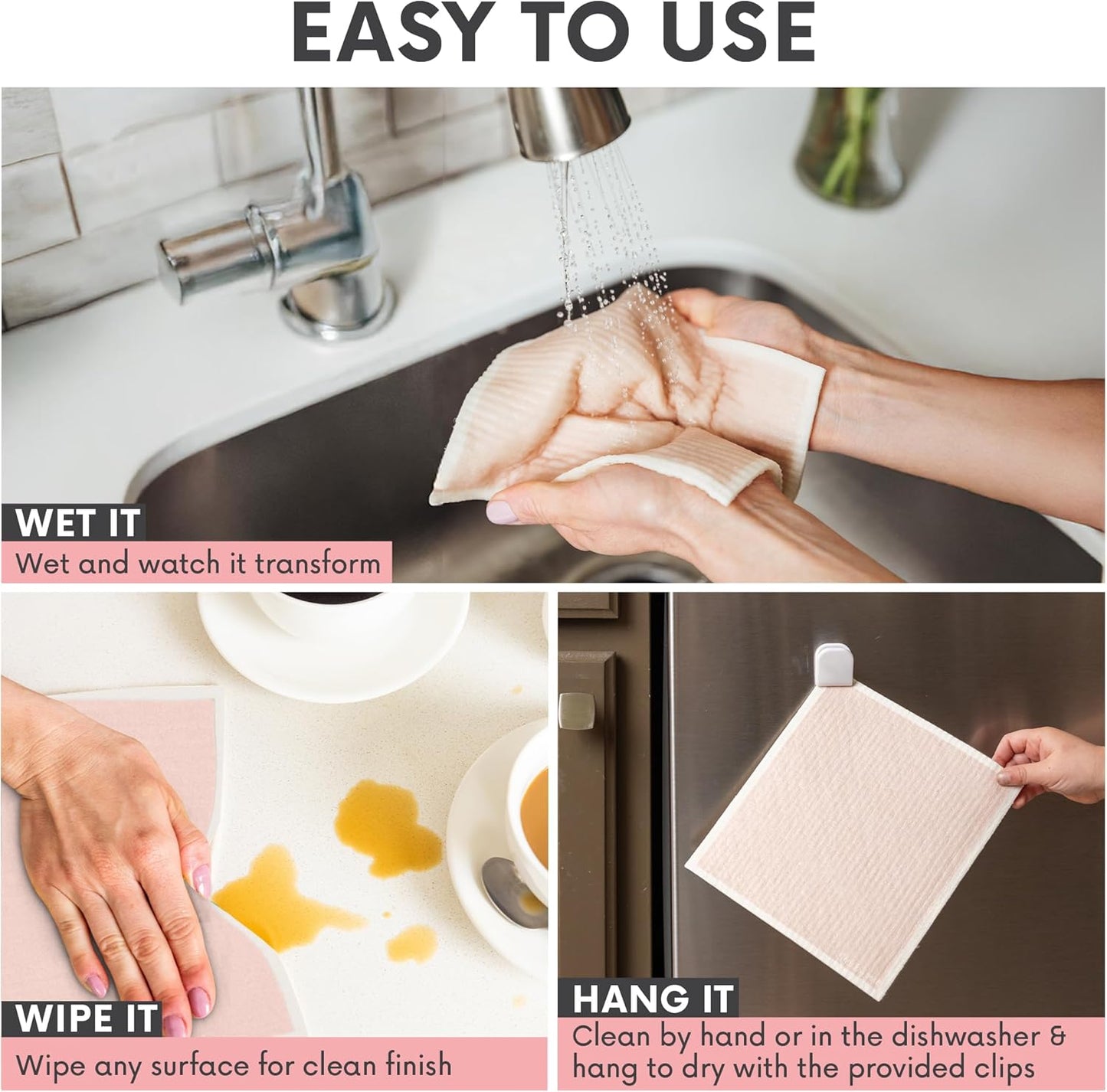 Reusable Paper Towels with Hanging Clips, Large, 6 Pack | Swedish Dishcloths for Kitchen, Non-Scratch, No Odor, Biodegradable Reusable Paper Towel