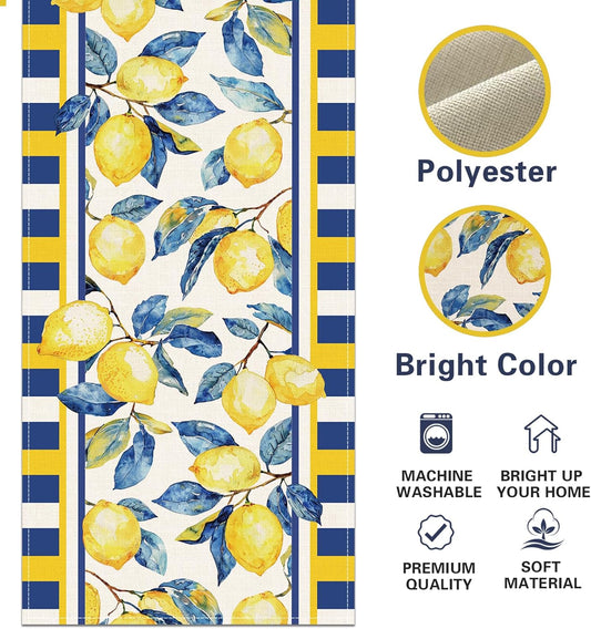 Watercolor Lemon Dining Table Runner, Spring Summer Citrus Fruit Botanical Burlap Kitchen Decoration, Striped Farmhouse Indoor Outdoor Home Decor Party Supply 13 x 72 Inches
