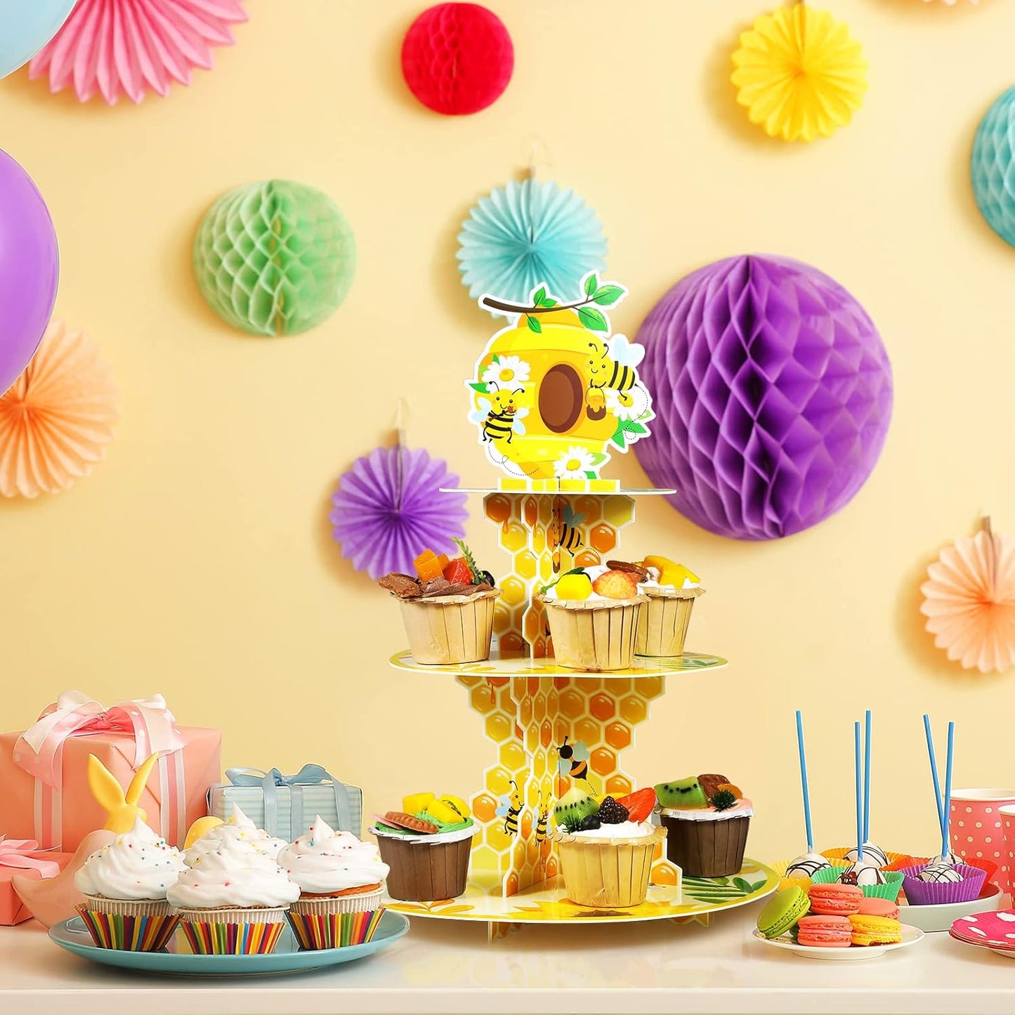3 Tier Bee Paper Cupcake Stand Holder Sunflower Party Dessert Round Tower Yellow Sturdy Cupcake Pastry Stand for Kids Birthday Baby Shower Decorations Bee Theme Party Supplies