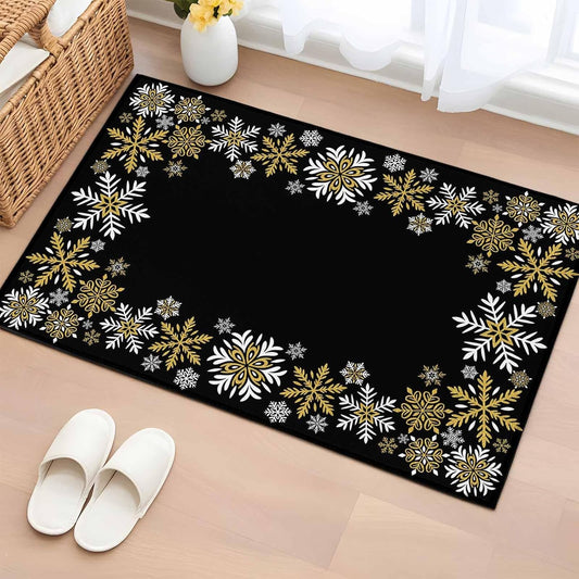 Retro Yellow Snowflake Washable Small Entryway Area Rugs 2'x3', Winter Christmas Black Background Low Pile Throw Rug Non-Slip Sturdy Edge Binding Carpet for Front Door Floor Room Entry