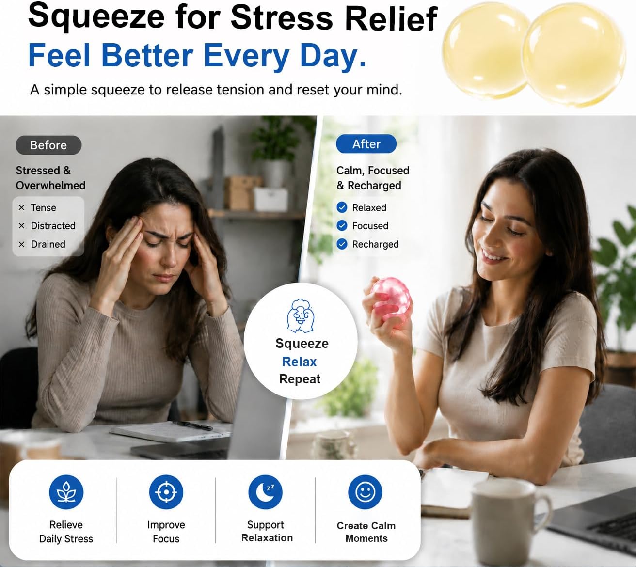 2 Pcs Coconut Oil Squishy, Shapeable No Rebound Stress Relief Ball Sensory Fidget Toy Handmade Squeeze Toys for Adults Home and Office Use(2PC Yellow)