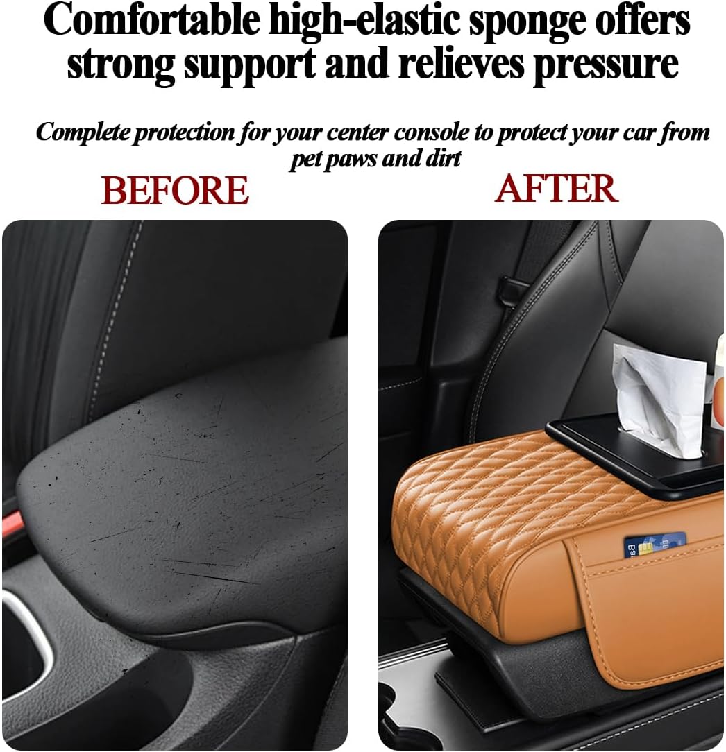 5-in-1 Car Center Console Cover, Multifunctional Vehicle Armrest Box Mat with 2 Storage Bags Tissue Box Cup Holder Phone Slot, Automotive Arm Rest Cover, Universal Fit (Orange Yellow)