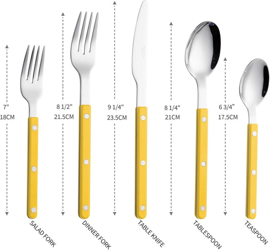 ANNOVA Silverware Set, Retro/Rivet Colorful Stainless Steel Tableware Kitchen Flatware Set Utensils, Includes Dinner Knives, Forks, Spoons, Salad Forks & Dessert Spoons (Yellow, 10 Pieces)